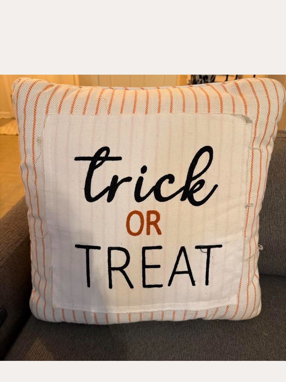 Decorative 'Trick or Treat' White and Orange Pillow